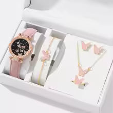 Women's Watch Latex Strap Butterfly Necklace Bracelet Earrings Ring Jewelry Set Girls Gift