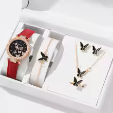 Women's Watch Latex Strap Butterfly Necklace Bracelet Earrings Ring Jewelry Set Girls Gift